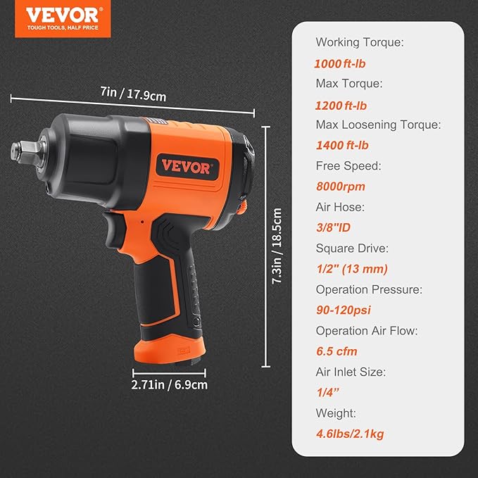 VEVOR 1/2-Inch Air Impact Wrench - High Torque 1400 ft-lbs - Lightweight 4.6 lb - Includes 11-Piece CR-V Steel Impact Socket Set & Carrying Case