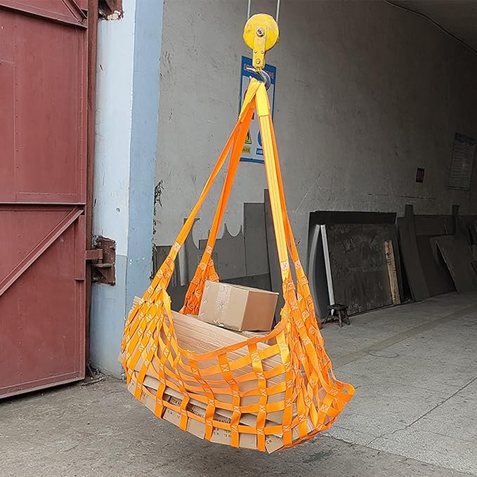 Cargo Lifting Net, Flat Polyester Sling Hoisting Net 15cm Square Mesh Tear Resistance Safety Net Straps, Hanging Netting for Construction Rigging Moving Towing Hoisting Work Gear (3.3x3.3ft, Orange)