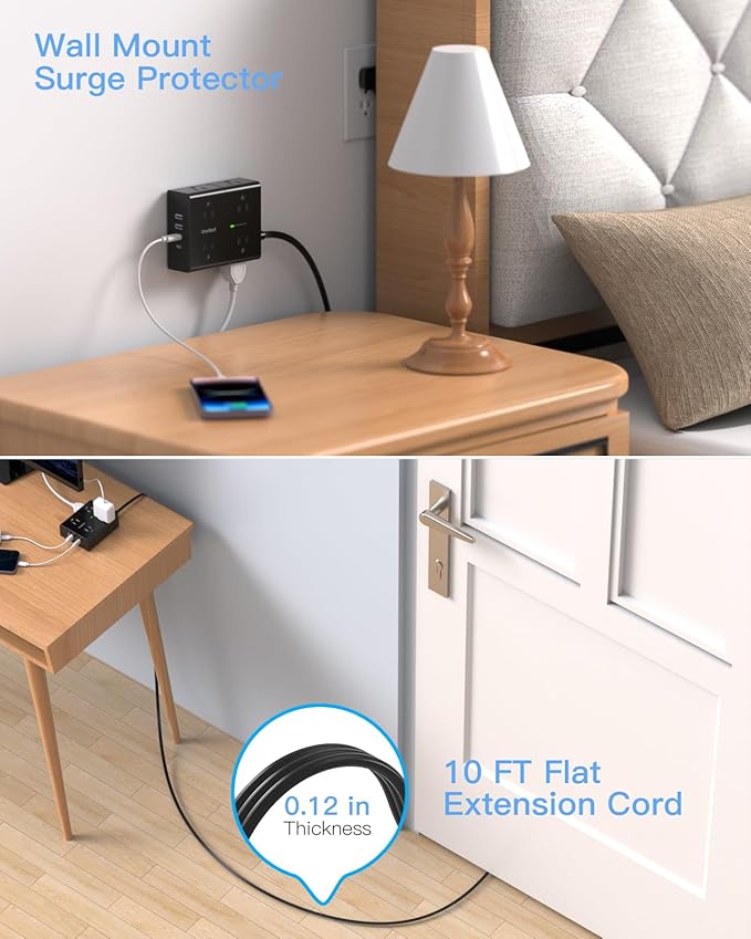 10Ft Extension Cord with Multiple Outlets, Flat Plug Power Strip Surge Protector 10 Ft Long Cord, 8 Outlet 4 USB Ports (2 USB C), Multi Outlet Wall Plug for Office, College, Dorm Room Essentials