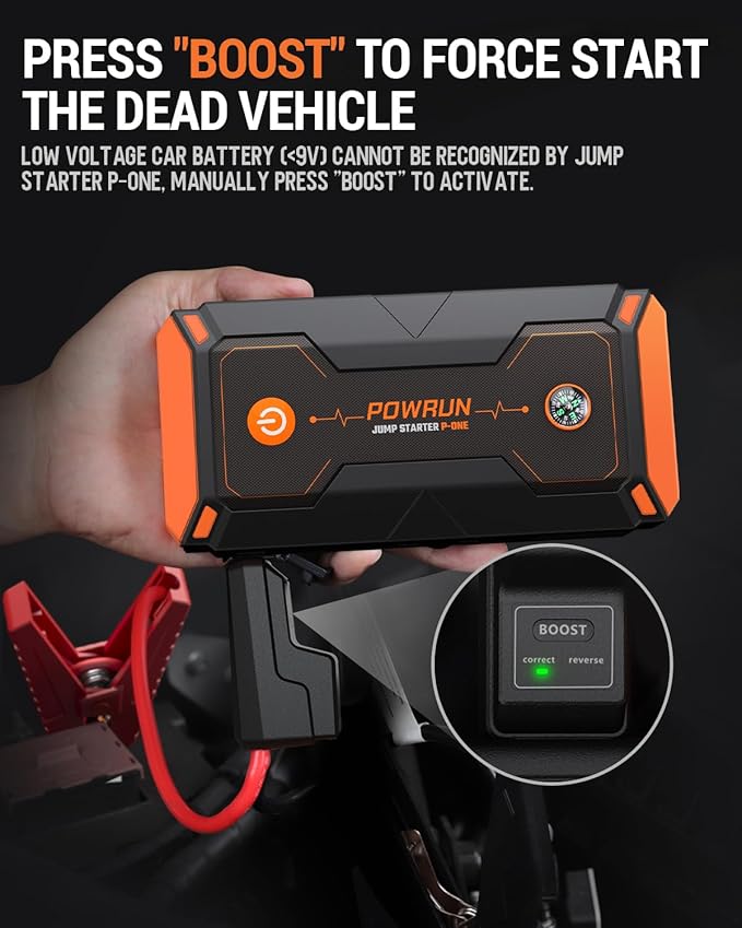 Powrun P-ONE Jump Starter, 2000A Portable Jump Box - Car Jump Starter Battery Pack for up to 8.0L Gas and 6.5L Diesel Engines, 12V Battery Jump Starter with Carry Case (Orange)