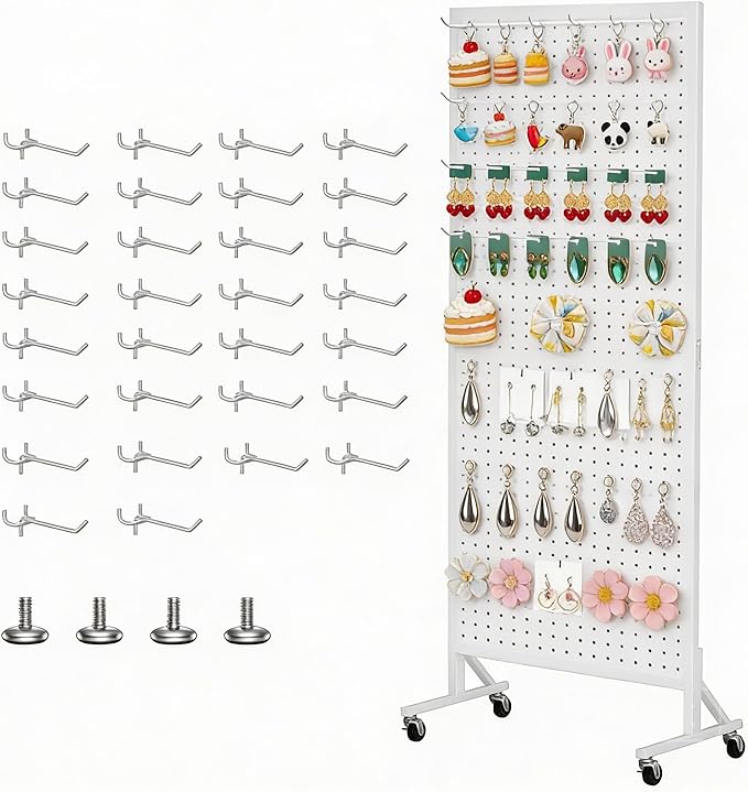 Peg Board Display Stand 24" X70” Metal Pegboard on Wheels Heavy Duty Standing Rack Organizer Panels Units with 30 Hooks and T-Base for Ornament Retail & Vendors Craft Show Store Display