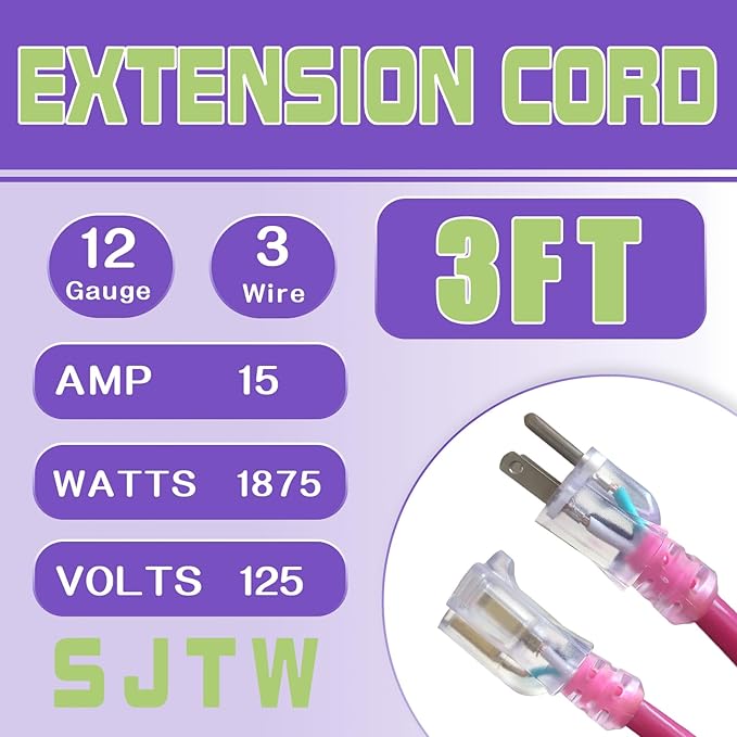 Indoor Extension Cord with Lighted End, 12 Gauge Heavy Duty 3 FT, 3 Prong Grounded 15 Amp Extension Cord, 12/3 SJTW Power Cord for Garage, Garden, Appliance, UL Listed, Pink