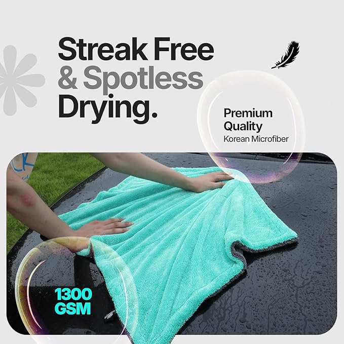 Crystal Clean 1300GSM Microfiber Towels for Cars – XL Drying Towel with Double Twisted Loop, Professional Detailing Towel Car Detailers - Quick Dry, Paint Safe & Swirl-Free (Grey+Green)