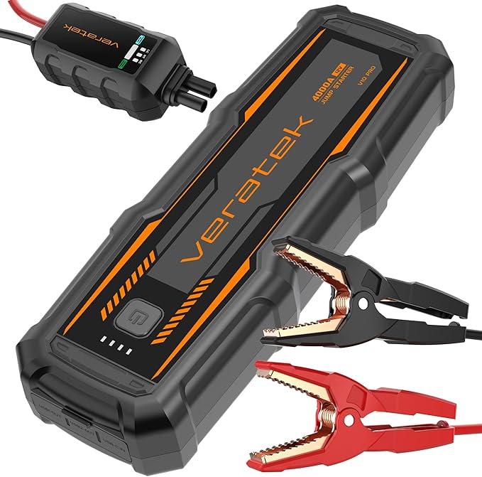 ReelCharge - Veratek V10 Pro 4000A Car Battery Jump Starter Portable (10.0L Gas & 8.0L Diesel) – 12V Lithium Battery Booster Pack with SmartCharge Safety, Jumper Cables, 24000mAh Power Bank, Jump Box