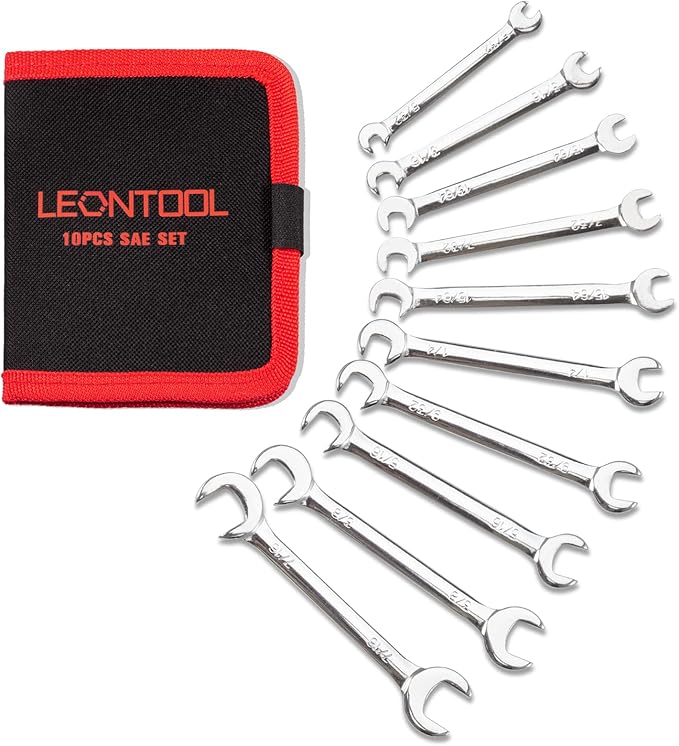 Mini Double Open End Wrench Set SAE 10 Pcs 5/32" to 7/16" with Portable Storage Pouches Mirror Chrome Finish Super Thin Open Ended Spanner Double Angle Head for Small Fasteners