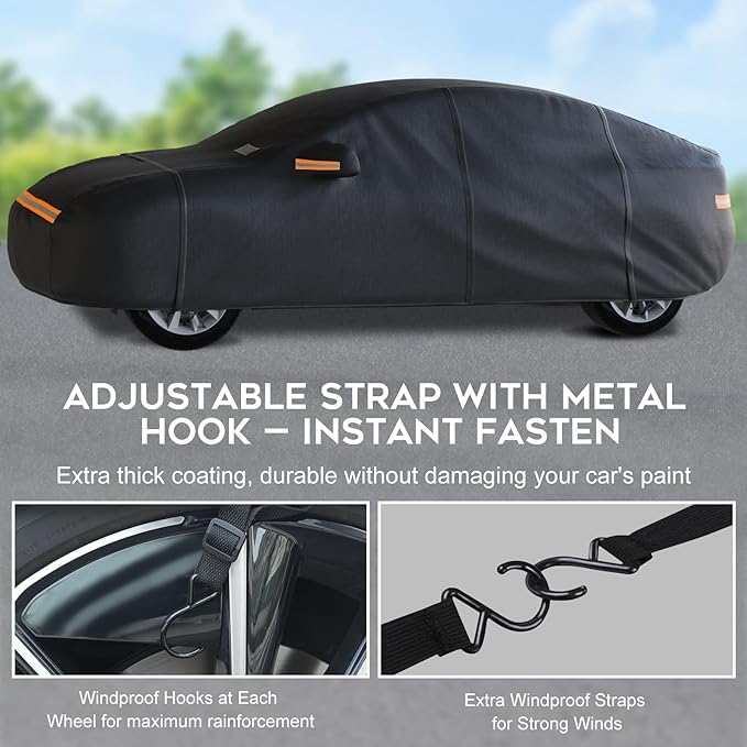Hatchback Car Cover Waterproof All Weather for Automobiles，Outdoor Heavy Duty Full Exterior Covers with Zipper Door, Rain Sun Snow Dust UV Protection, Windproof Straps & Reflective Strips(Up to 177")