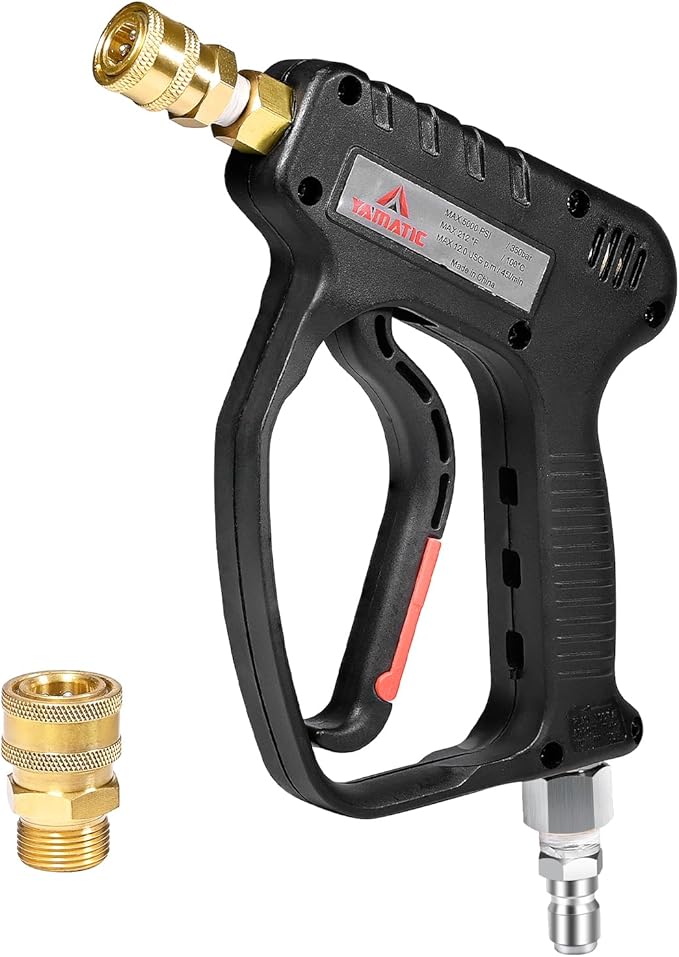 YAMATIC Pressure Washer Short Gun 5000 PSI - Stainless Steel 3/8" Swivel Plug & M22-14mm Coupler, Power Washer Stubby Trigger Handle with 1/4" Quick Connect for Foam Cannon Car Wash