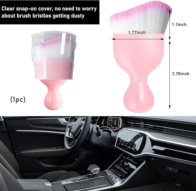 Ziciner Car Detailing Brush, Curved Soft Bristles Auto Removal Dust Collectors, Universal Vehicle Dashboard, Air Conditioner Vents etc Interior Cleaning Tool Accessory (Pink/Pink)