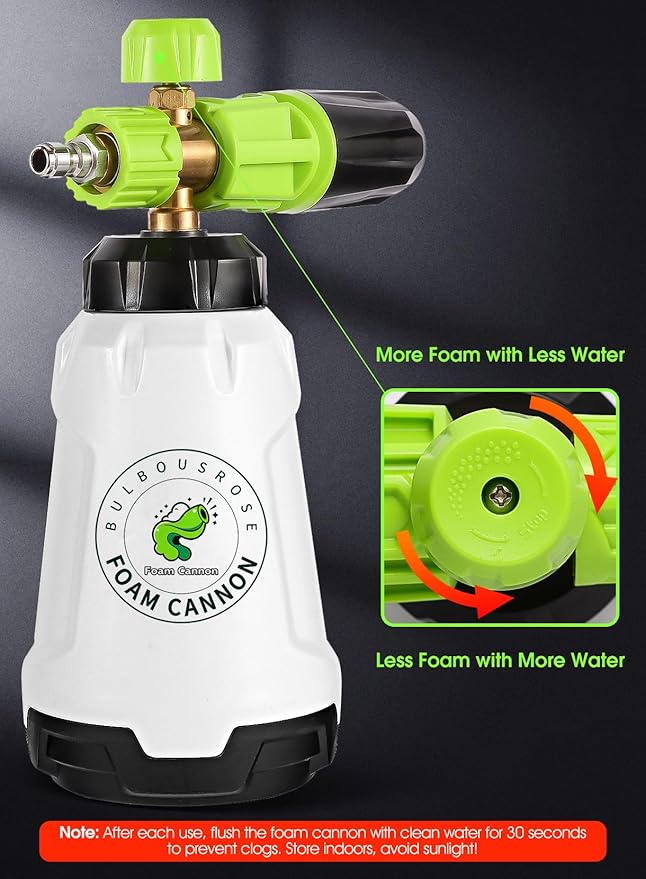 Foam Cannon for Pressure Washer (Wide Mouth), Stainless Steel Filter Thick Snow Car Wash Foam Gun, Adjustable Soap Cannon with 1/4“ Quick Connector, Additional 1.1mm Orifice Nozzle, 1L HDPE Bottle