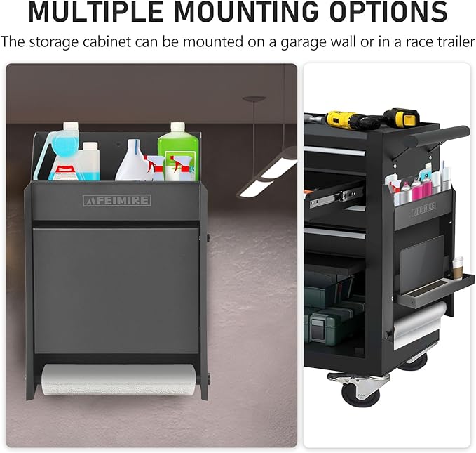 Flip-Out Storage Cabinet for Garage & Trailers, Workstation with 2 Shelves, Paper Towel Holder & Aluminum Mounting Cabinet, Space-Saving Design for Aerosol Cans, Quart Jugs, Medium