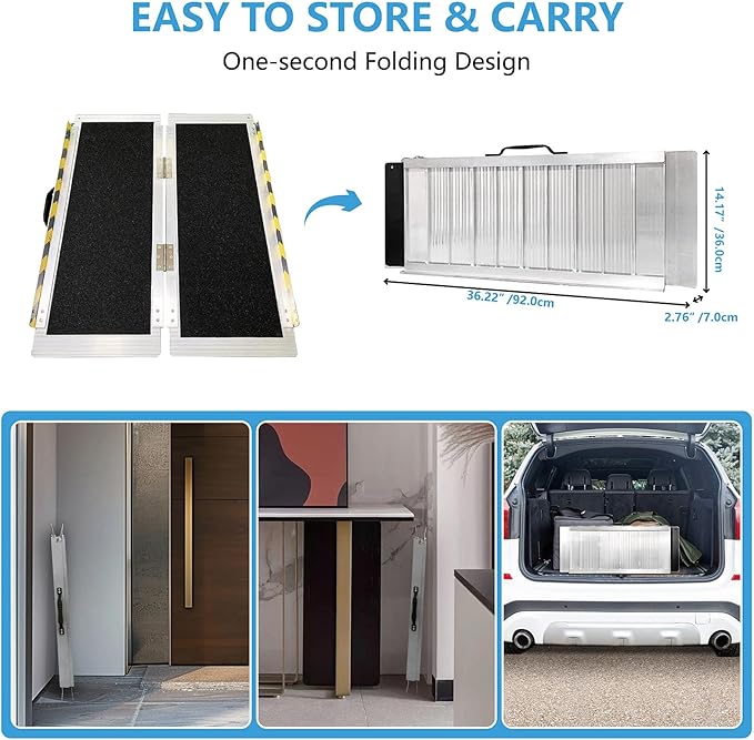 3FT Portable Wheelchair Ramp, Non-Slip Aluminum Folding Handicap Ramp, 800 LBS Capacity Door Threshold Ramps for Home Steps, Scooter Ramp for Car, Doorways, Curbs, Stairs, Cart, Wheel Chair Steps