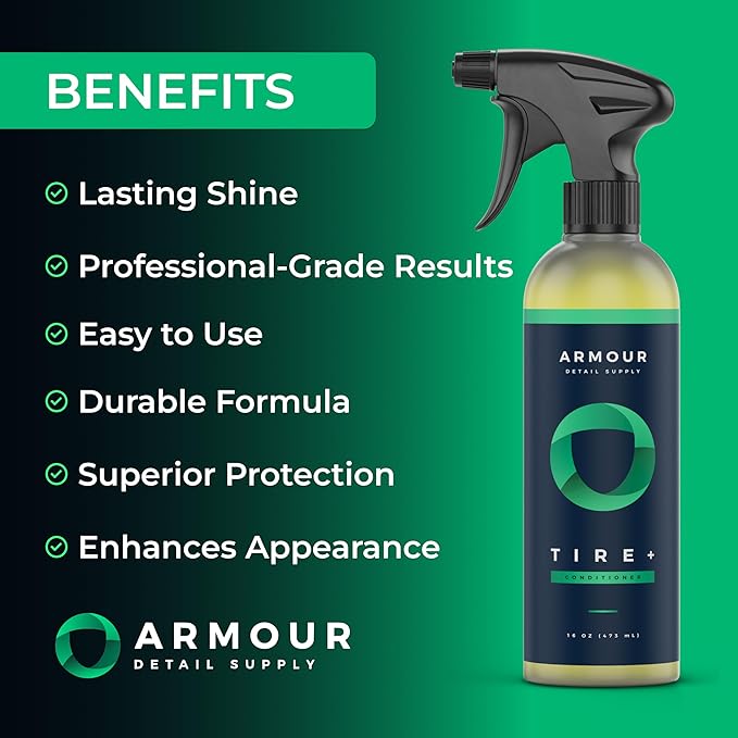 Armour Detail Supply Tire+, Advanced Water-Based Tire Shine Spray for Lasting Shine, All Tire Spray, Durable and Hydrophobic - 1 Gallon Bottle