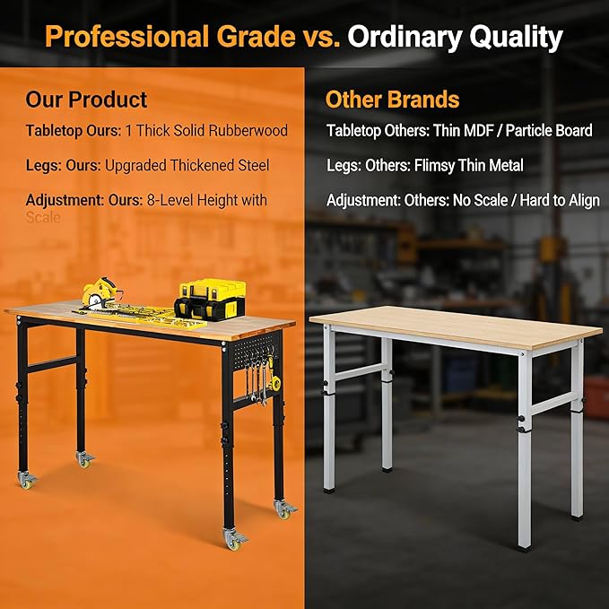 48" x 24" Heavy Duty Adjustable Workbench with Casters & Thickened Legs, 8-Level Height Adjustment, with Scale, Pegboard and Hooks, Rubberwood Worktable for Garage or Work