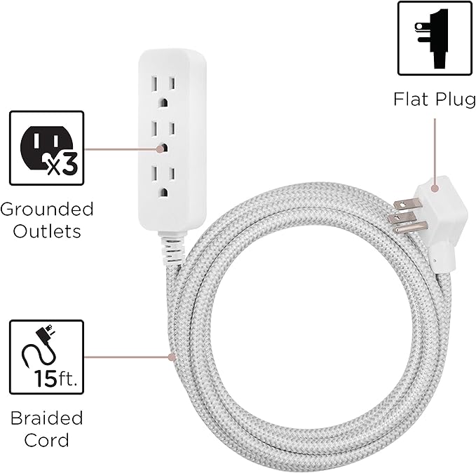 Cordinate 3-Outlet Power Strip Extension Cord with Multiple Outlets 15 Ft Indoor Braided Grounded Flat Plug Extension Cord ETL Listed White 50011