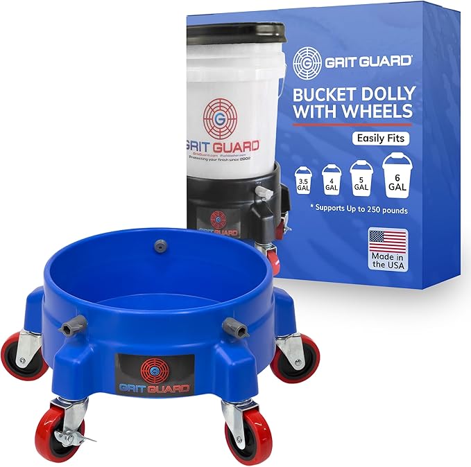 Grit Guard Bucket Dolly with Wheels - Rolling Detailing Wash Bucket with 5 Wheels and 2 Locking Casters Compatible with 2.5, 4, 5 and 6 Gallon Buckets (Blue, 3" Red Casters)