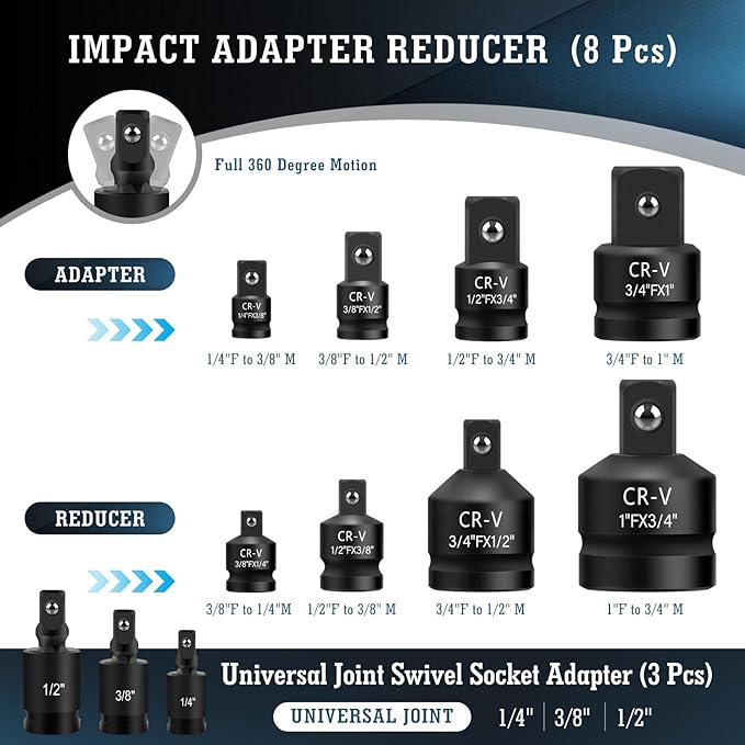 11PCS Impact Socket Adapter and Reducer Set, 1/4" 3/8" 1/2" 3/4" 1" Inch Square Drive Wrench Adapter, CR-MO Steel, for Drill, Breaker Bar, Ratchet Drive, Christmas Stocking Stuffers for Adults