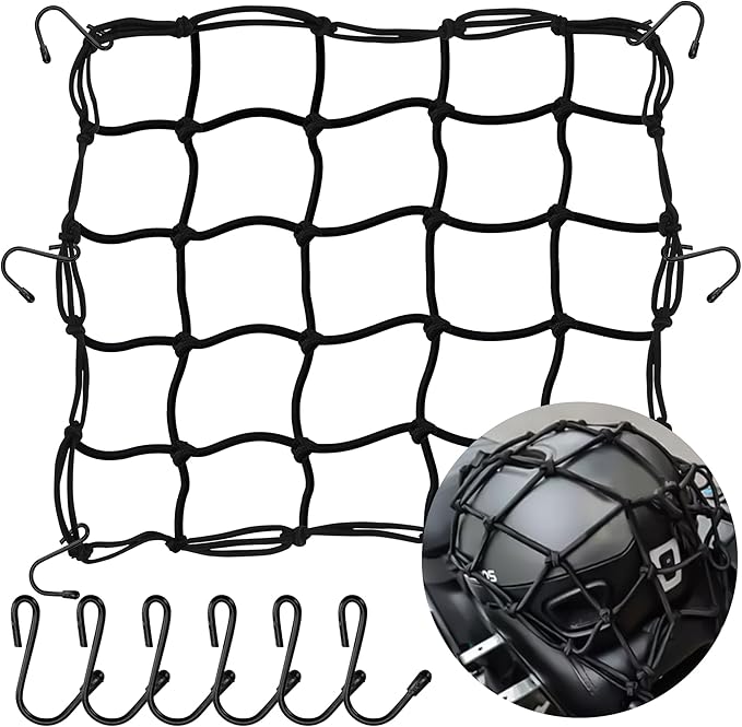 JAGASOL Cargo Nets for Motorcycle Helmet 16"X16" Elastic Bungee Net Storage Featuring 6 Hooks Tight 2"x2" Mesh Luggage Strap Rack Expansion Organizer Net Pocket for Motorbike E-Bike Trike