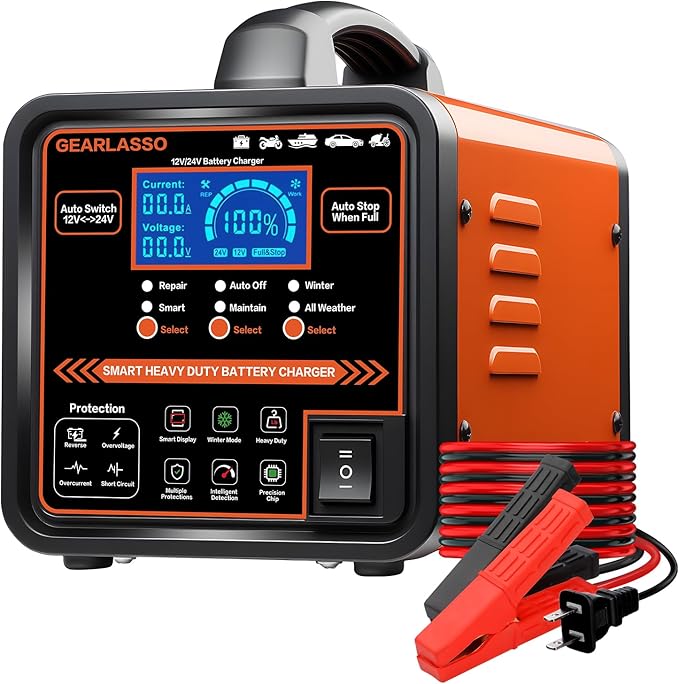 12V 24V Car Battery Charger Heavy Duty, 0-15A Automatic Battery Maintainer with Auto Shutoffs, Repair and Winter Mode, Smart Trickle Charger for Car Truck Motorcycle RV AGM Deep Cycle