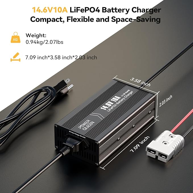 Power Queen 14.6V 10A LiFePO4 Battery Charger, 2-Stage Automatic Smart Battery Charger and Maintenance, LiFePO4 Lithium Batteries Charger, Suitable for 12V (12.8V) Lipo Lithium Iron Phosphate Battery