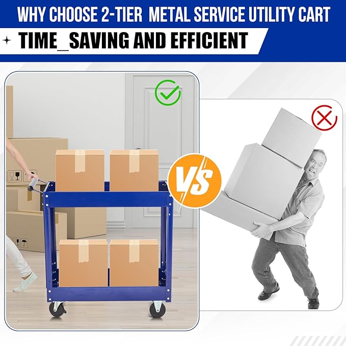 2 Tier Metal Utility Cart,330 Lbs Metal Heavy Duty Utility Cart On Wheels,2 Shelf Steel Rolling Tool Cart, Tool Storage Organizer for Mechanic, Garage, Workshop, Warehouse