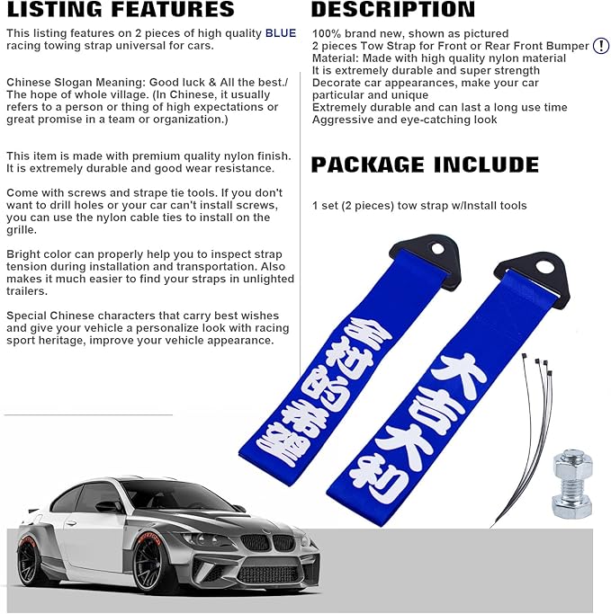 x xotic tech Tow Strap JDM Sports Blue Racing Tow Strap Car Modification Decorative Trailer Belt Personalized with Chinese Slogan Fit for Rear Front Bumper (Good Luck/The Hope of Whole Village)