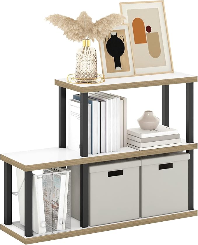 Furinno Turn-N-Tube No Tools Decorative Display Shelf, 3-Tier Ladder, Solid White/Black