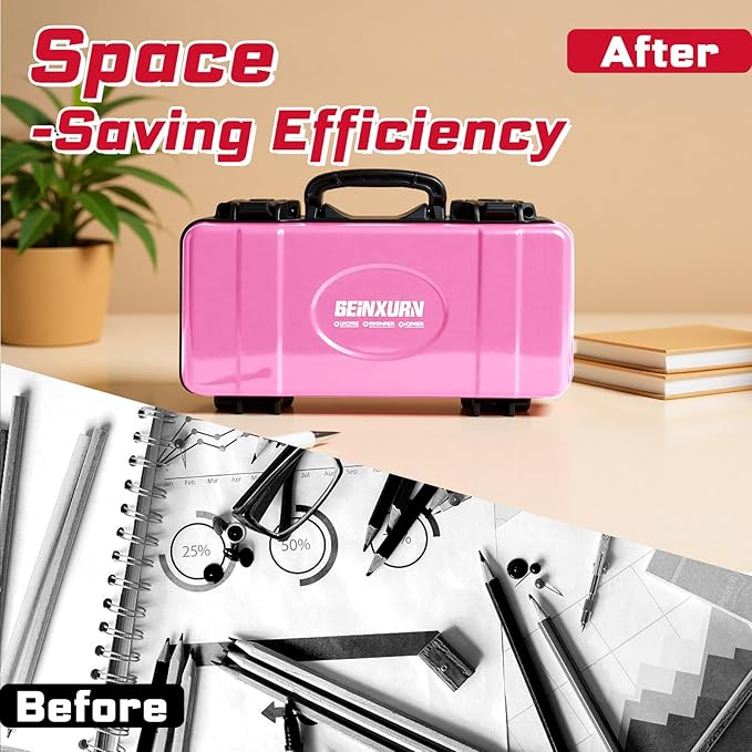 Geinxurn 11”Pink Tools Box, Portable Steel Heavy-duty Tool Case with Safety Latch and Handle for Tools Storage and Organizers, Home DIY