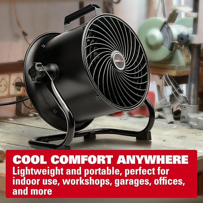 ECOMAX 10-Inch Drum Fan, 900CFM 3-Speed Industrial Floor Fan with 360° Tilt Head, 85W 120V Aluminum Blade Shop Fan for Garage Workshop Basement Patio, UL Certified, 8.6 LBS