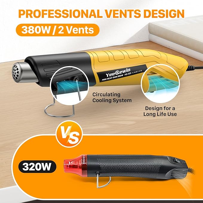 Mini Heat Gun 380W Fast Heat Hot Air Gun 2-Temp Settings 480°F-850°F(249°C-455°C) With Overheat Protection Reflector Nozzle, 4.9Ft Cable for Shrink Wrap, Vinyl, Crafts, Epoxy Resin (Yellow)