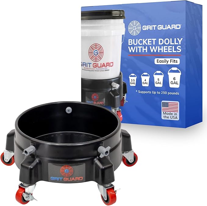 GRIT GUARD Bucket Dolly with Wheels - Rolling Detailing Wash Bucket with 5 Wheels and 2 Locking Casters Compatible with 2.5, 4, 5 and 6 Gallon Buckets (Black, 2" Red Casters)