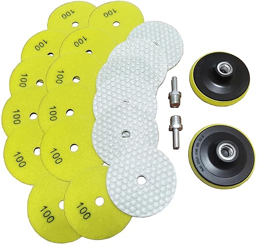 16 Packs Dry Diamond Polishing Pads Grit 100, 4 Inch Dry/Wet Granite Sanding Pad for Bufffing Marble Quartz Concrete Stone Tiles Used for Grinder Polisher Drill