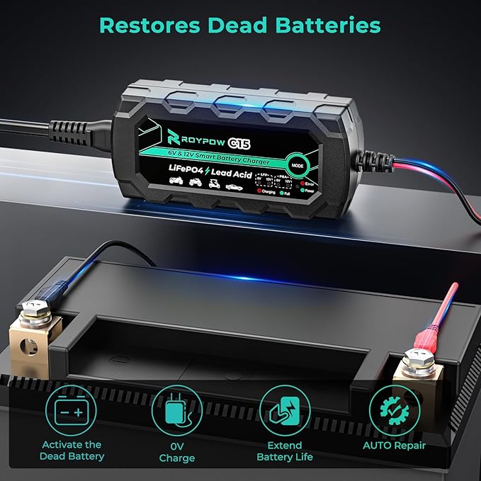 6V/12V 1A Lithium Battery Charger, RoyPow 1A Smart battery Chargers Automatic Trickle Battery chargers Battery Maintainer for Motorcycle, Car, ATVs, Lawn Mower, Lead Acid Batteries & Lithium Batteries