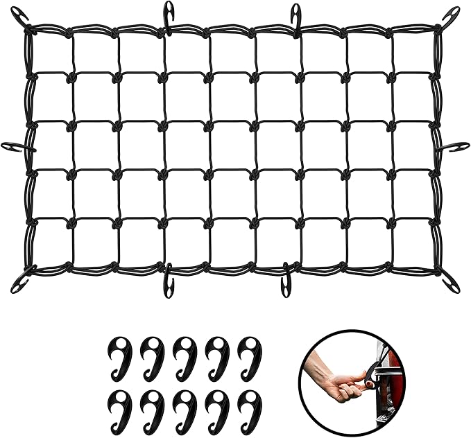 Mockins 36"x20" Heavy Duty Cargo Net for Pickup Truck Bed Expandable Up to 75"x40" | 6mm Thick Elastic Bungee Net with Hooks for Truck, SUV & Car | 4"x4" Mesh Square Cargo Netting for Any Type of Load