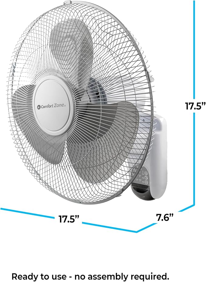 Comfort Zone 16-Inch Smart WiFi Wall Mount Fan, Oscillating 3-Speed Indoor Fan with App Control, Timer & Sleep Mode – Quiet Adjustable Tilt, All-Metal Grille – Space-Saving Cooling for Home or Office