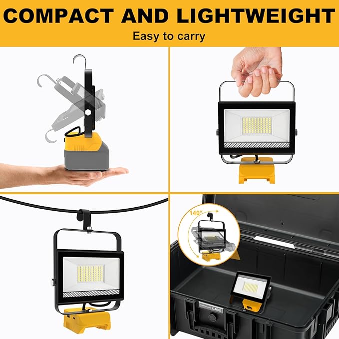 60W 6000LM Cordless Work Light Compatible with DeWalt 20V Battery (Battery Not Included), Portable LED Flashlgiht Flood Light with USB &Type C Charging for Job Site, Emergency, Fishing, Camping