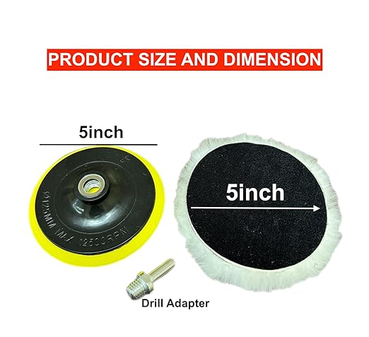 Lambswool Polishing Pads Sheepskin Buffing Pads, 7 Piece Set. Includes 5 Lambs Wool Cutting Pads with Hook, 1 Backing Plate and 1 Drill Attachment - Wool Buffs (5 Inch)