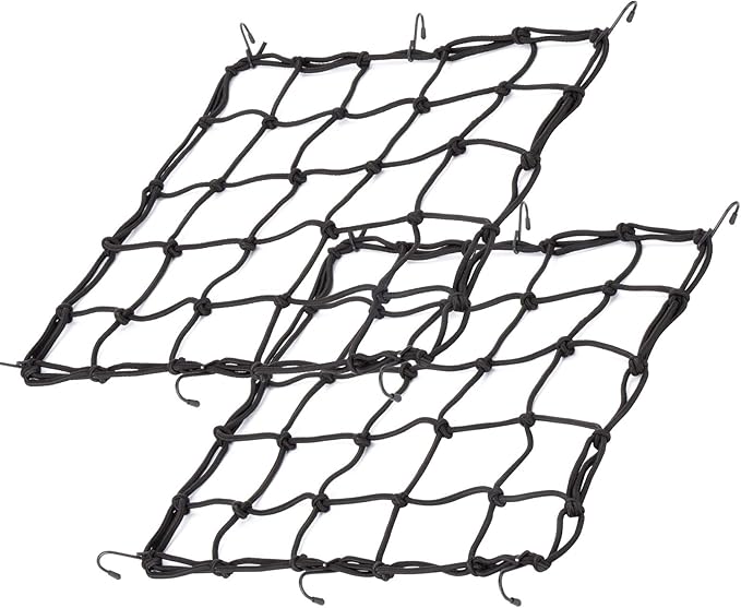 15.7"x15.7" 2Pack Bungee Cargo net Motorcycle, Made of Latex Heavy Duty Bungee Net Stretches to 33"x33", Luggage Thicken Netting with3 x3 Small Mesh&6 Adjustable Metal Hooks for Motorcycle, Bike, ATV