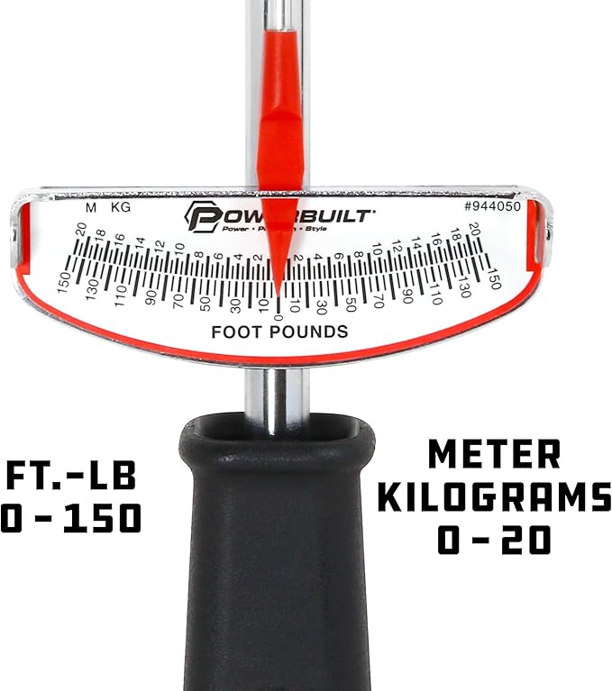 Powerbuilt 1/2-Inch Drive Needle Torque Wrench, Beam Torque Wrench 0-150 Foot/Pounds and 0-20 Meter/Kilograms, High Visibility Markings for Easy Readings - 944050