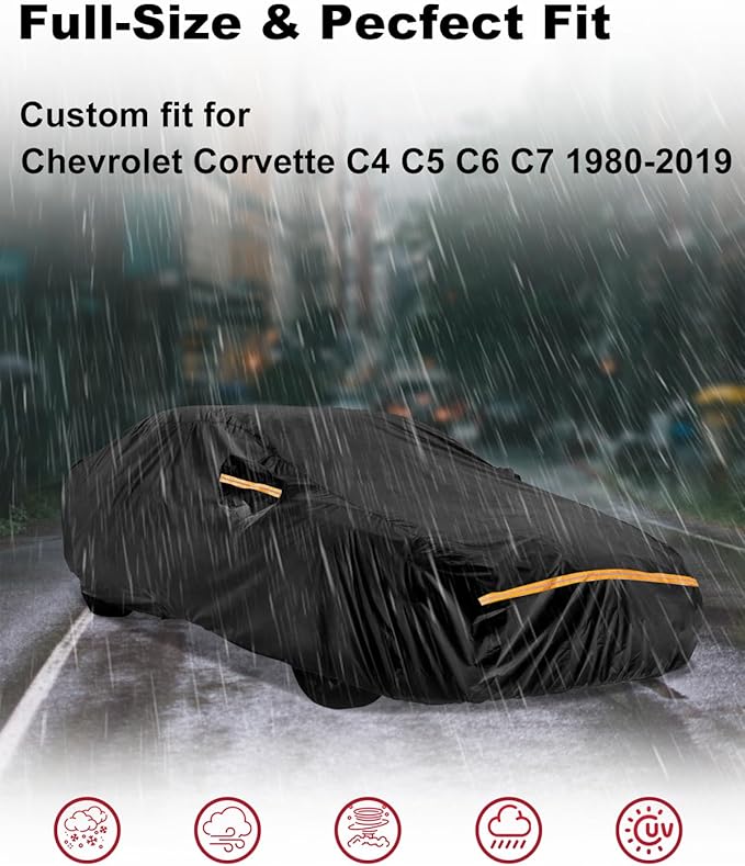 Car Cover for Chevy/Chevrolet Corvette C4 C5 C6 C7 1980-2019 | Heavy Duty Outdoor Full Exterior Cover | Sun, Rain, UV, Dust, and Snow Protection with Door Zipper (Black)