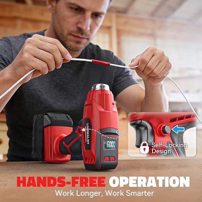LIVOWALNY Cordless Heat Gun Compatible with Milwaukee 18V Battery, 260W High Power Hot Air Gun (68°F-1112°F) & Airflow Control Digital Display for Shrink Wrapping Crafting(Battery Not Included)