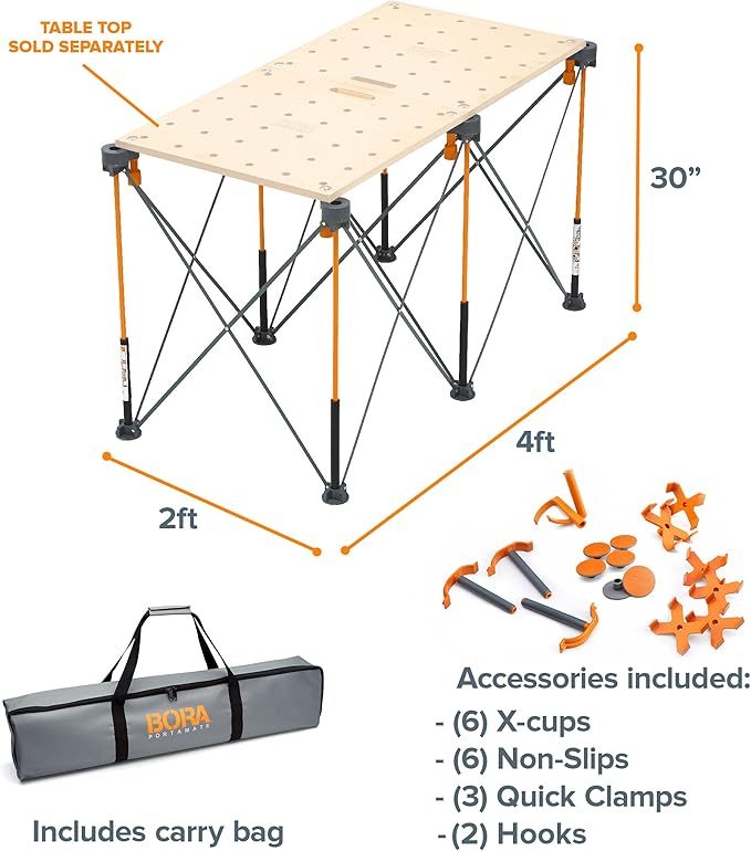 Bora Centipede Folding Work Table - Portable Workbench, 24 x 48 in Work Surface, 1500 lb Capacity, Perfect 30" Working Height, Complete Kit with Accessories, 6 X Cups, Non-slips, 3 Quick Clamps, 2 Cord Hooks, Carry Bag. CK625