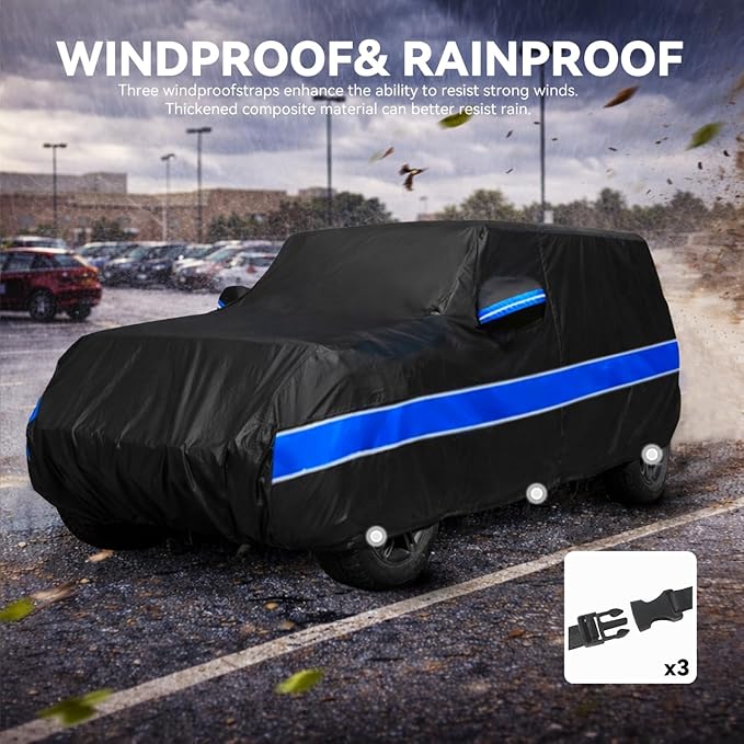 10-Layer Car Cover Compatible with Jeep Wrangler Cover Waterproof 2 Door All Weather,Sun Rain UV Dust Snow Protection,Full Exterior Car Cover with Door Zipper and Cotton Lining,Fit for CJ YJ TJ JK JL