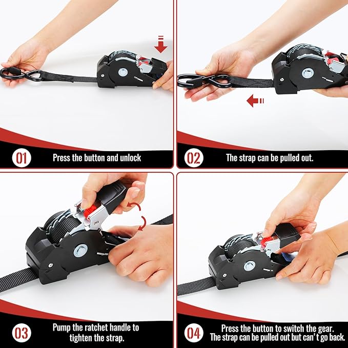 TLGREEN Retractable Ratchet Straps,Black,8 Pack,1” x 10’1650lb Break Strength Heavy Duty Auto Self Retracting Tie Down Straps for Truck, Cargo, Motorcycle, ATV, UTV,Boat
