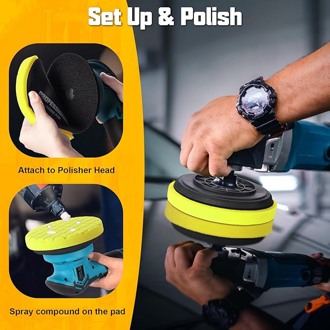6 Inch Buffing Polishing Pads, 3Pcs Yellow Medium Polishing Pad Compound Buffing Sponge Pads for Car Buffer Polisher Compounding, Polishing and Waxing