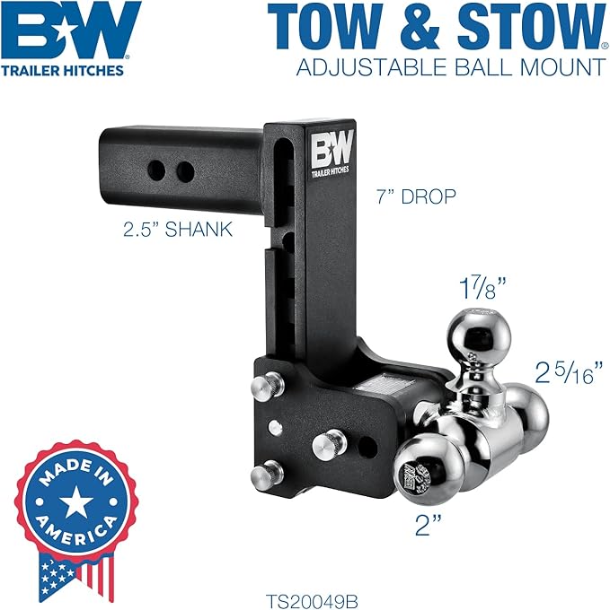 B&W Trailer Hitches Tow & Stow Adjustable Trailer Hitch Ball Mount - Fits 2.5" Receiver, Tri-Ball (1-7/8" x 2" x 2-5/16"), 7" Drop, 18,000 GTW - TS20049B