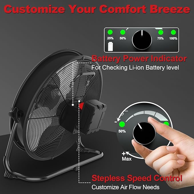 16" Battery Operated Floor Fan with Light Compatible with Milwaukee M18 18V Battery, Portable Fan with AC Adapter and USB Output, Metal High Velocity, Stepless Speed Cordless Fan for Jobsite Camping
