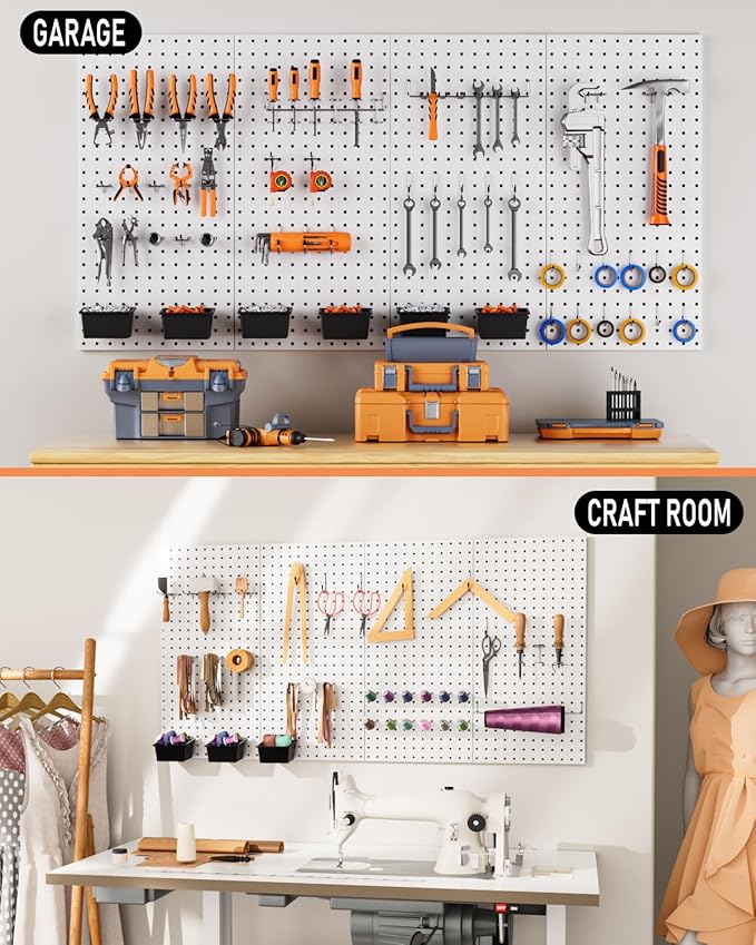 INCLY 158PCS Metal Pegboard Wall Organizer, 48x24 Inch White Pegboard Panels Tool Organizer Kit with Accessories Hooks and Bins, Peg Board Utility Tool Storage for Garage Workbench Shed