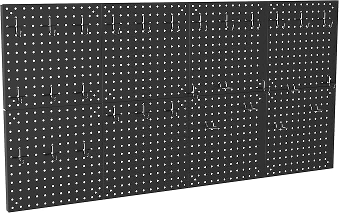 Peg Board,12"x12" Black Metal Pegboard Wall Organizer with Pegboard Accessories 8 Packs Metal Pegboard Panels