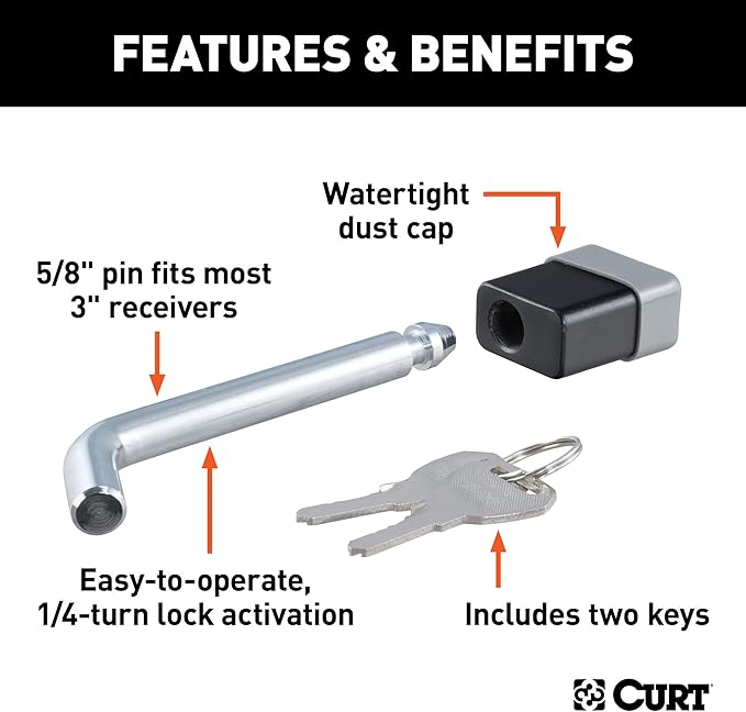 CURT 23021 Trailer Hitch Lock, 5/8-Inch Pin Diameter, Fits Most 3-Inch Receivers (Pack of 4)