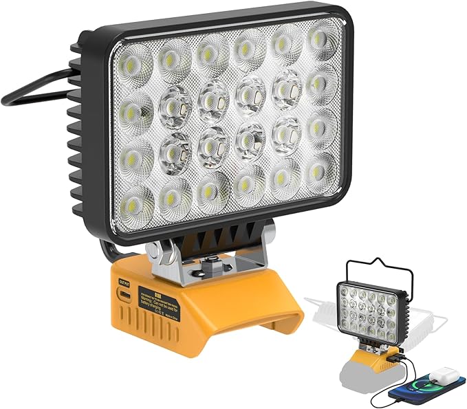 7200LM LED Work Light Compatible with Dewalt 20V Battery, 72W Cordless Floodlight with 2 USB, 1 Type-C Port, Upgraded LED Light Low Voltage Protection for Camping, Workshop, Emergency Adjustable 140°